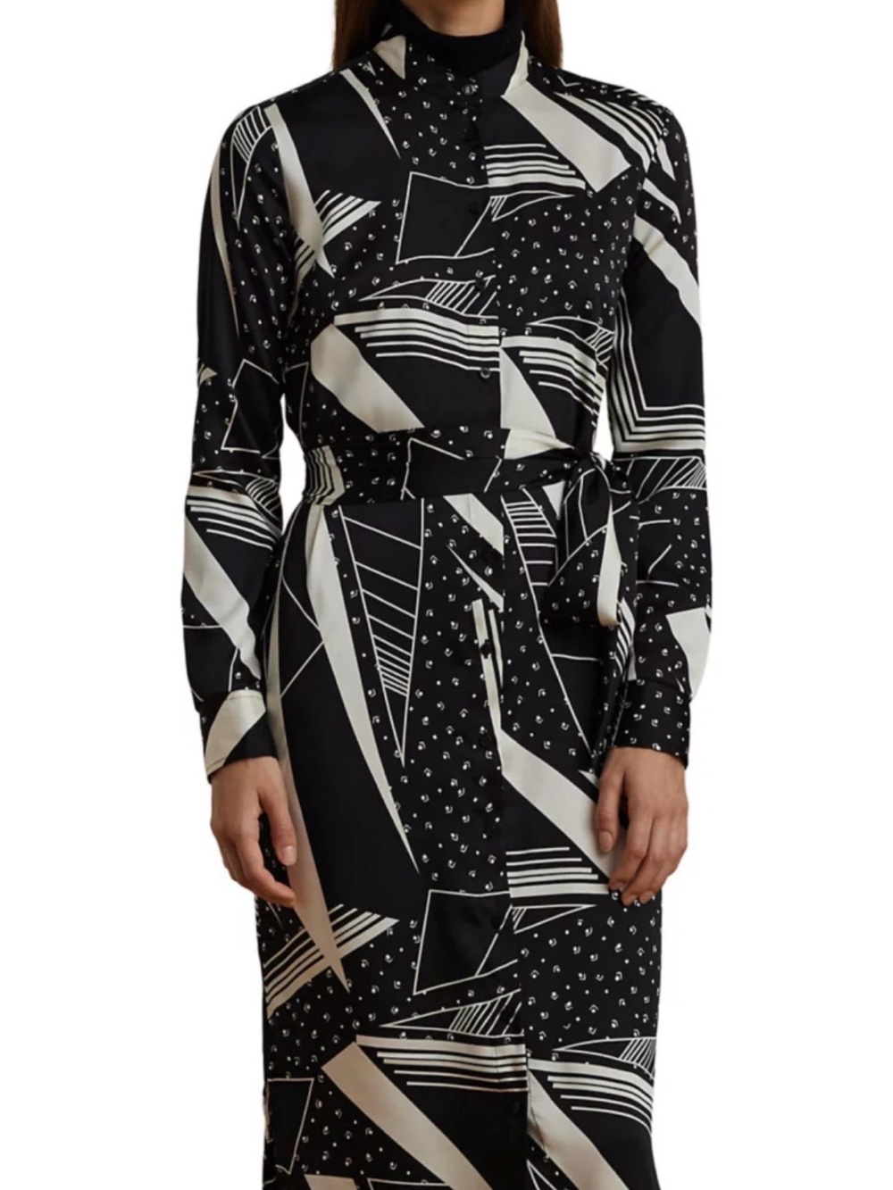 Ralph Lauren Black & Cream Geometric Long-Sleeve Tie-Waist Dress
